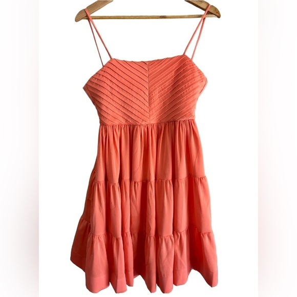 Silka Tangerine Gaviota Pleated Top Open Tie Back Tiered Skirt Satin Dress NWOT - Picture 3 of 12